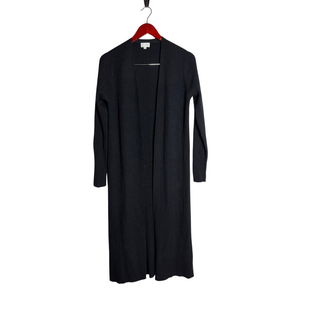 TSE black ribbed 100% cashmere mid length open cardigan XS